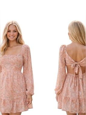 Lush Mini LS Chiffon Dress peach floral print fitted bodice back opening bow S